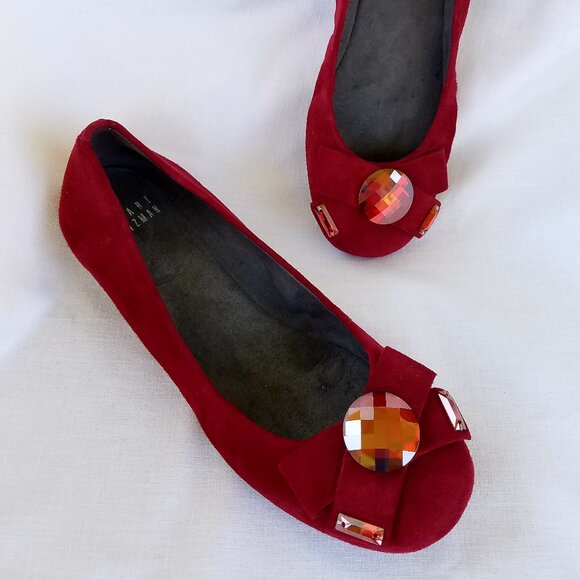 Stuart Weitzman Red Suede Leather Ballet Flats Gem Jewel Made in Spain Size 5.5M - Picture 6 of 11
